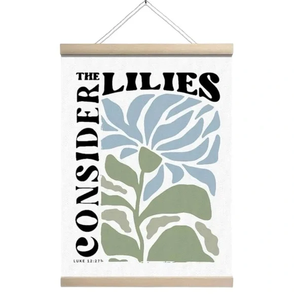 Bible Verse Lilies Floral Wall Art with Wood Hanger