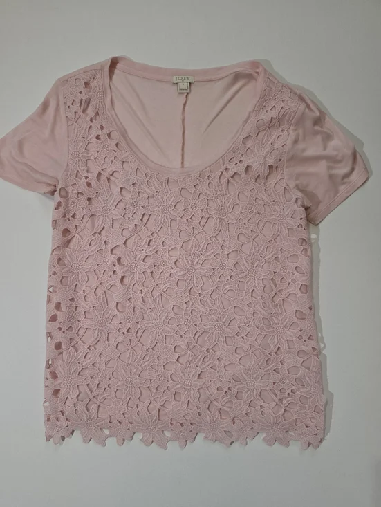J. Crew Blouse‎ Womens Medium Pink Lace Floral Overlay Mixed Media Feminine