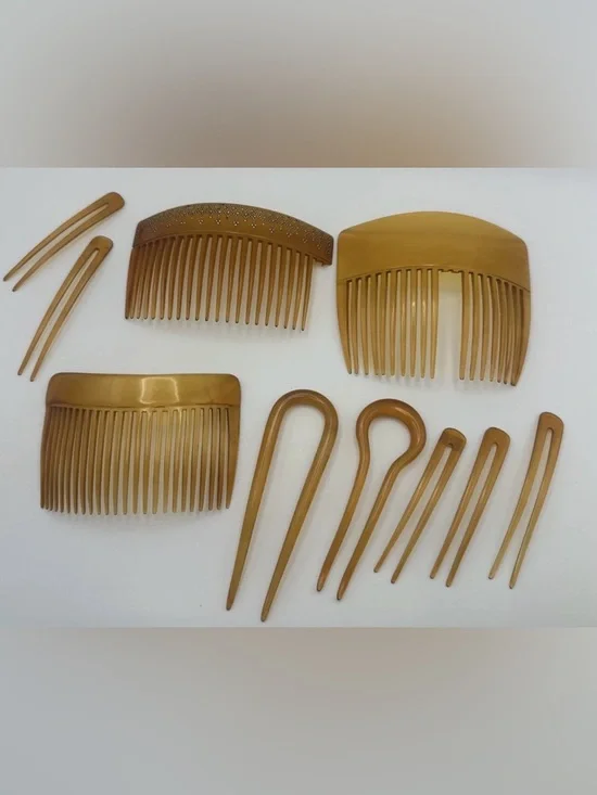 Victorian Hair Comb Fork Lot of 10 Gold Inlay Butterscotch Amber Hair Ornaments