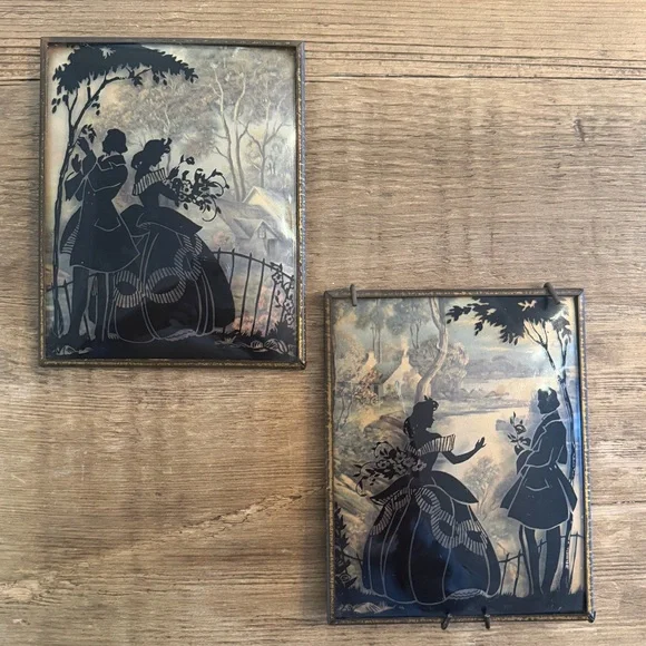 2 1940’s Convex Glass Victorian Art Pictures. Silhouette | Reverse | 4x5