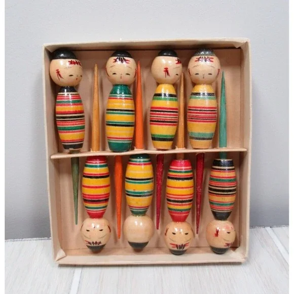 Kokeshi doll set of vintage cocktail drink picks cheese small wooden barware