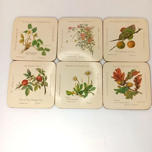 Vintage Richard Webb Coasters 1977 Cork Backed Cream with Flowers and Poems