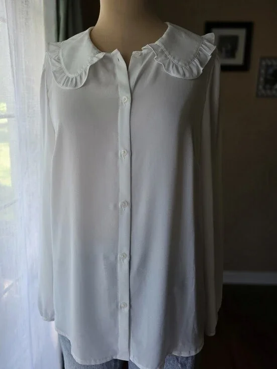 J. Crew White Ruffled Peter Pan Collar Button Down Blouse Shirt Top Size 8