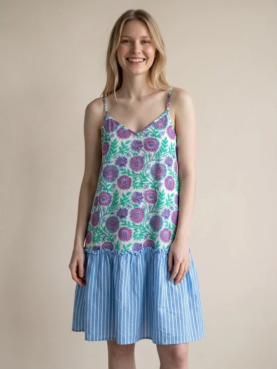 J.Crew Floral Mixed Print Sundress Tiered Striped Hem Cotton Cottagecore Dress