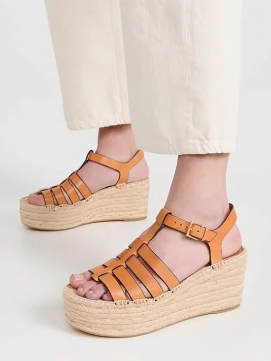 NWOB Tory Burch Fisherman Espadrille Wedge brown leather toasted soufflé 9.5