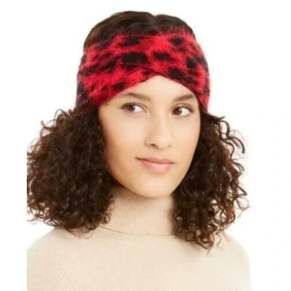 MSRP $28 Dkny Fuzzy Animal‎ Print Knit Twist Headband Red One Size NWT