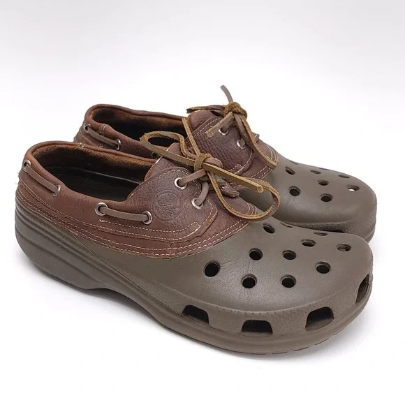 Crocs Islander Pitcrew Brown Leather Boat Shoe Clogs Size M9 W11 Hybrid