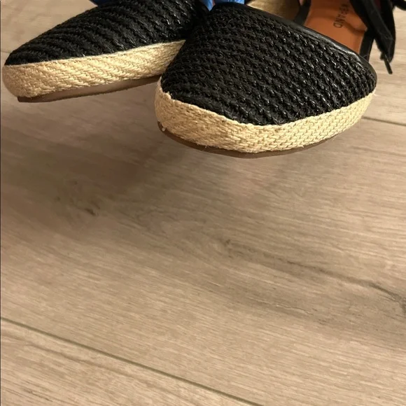 Lucky Brand Black + Tan Espadrille Lace Up Wedge Sandals
