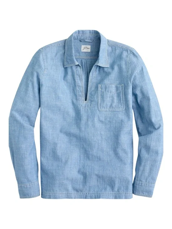 J. Crew Light Blue Chambray Popover Shirt, V-Neck, Collared, Long Sleeve, Size S