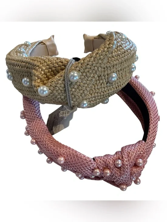a new day Pearl-Embellished Straw and Pink Knitted Headbands