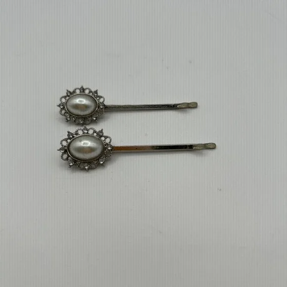 Unbranded Hair Pins Women OS Silver Faux Pearl Rhinestone Bobby Pin Set 2pc