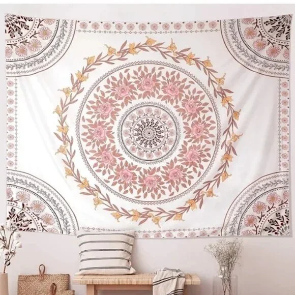 Floral Mandala Boho Neutral Pink/Cream Rose/Daisy Tapestry Wall Art Home Decor