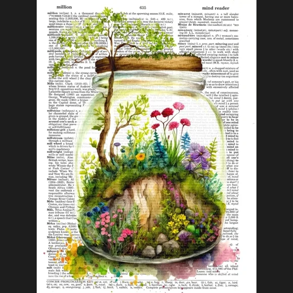 Fairy Hill Nature Tree Botanical Summer Terrarium Flower Vintage Dictionary …