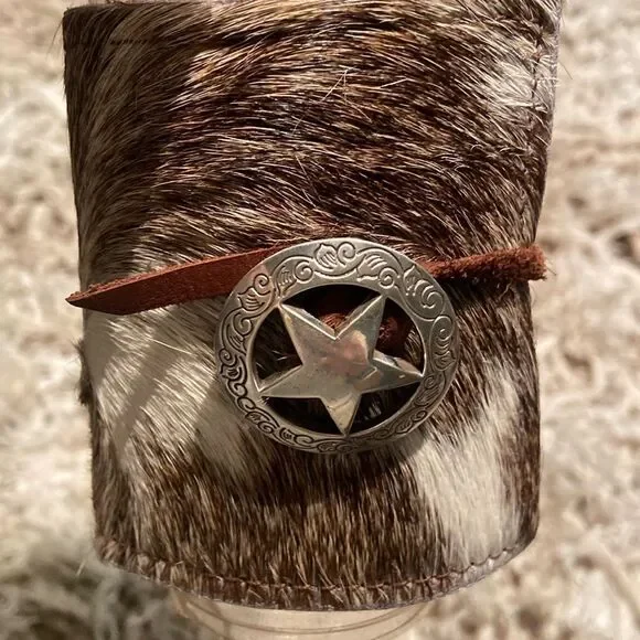 Cowhide Bottle / Can Coozie Brindle Concho Personalized Letter “H”