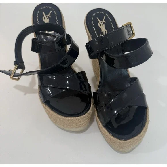 Yves Saint Laurent Espadrille Wedge Sandals Shoes Dark Blue Leather Size 37.5