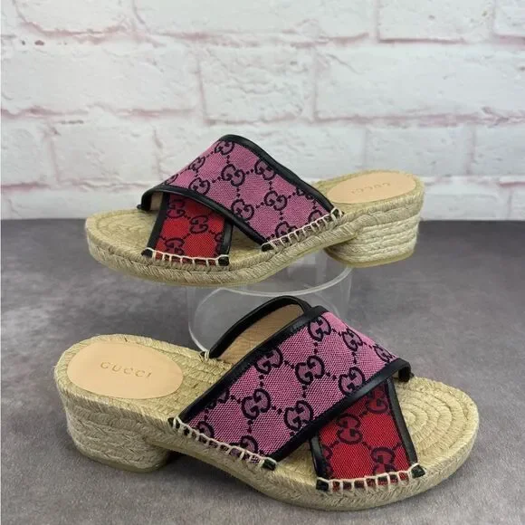 Gucci Multicolor Criss Cross Strap Red and Pink Espadrille Sandals Slides 37