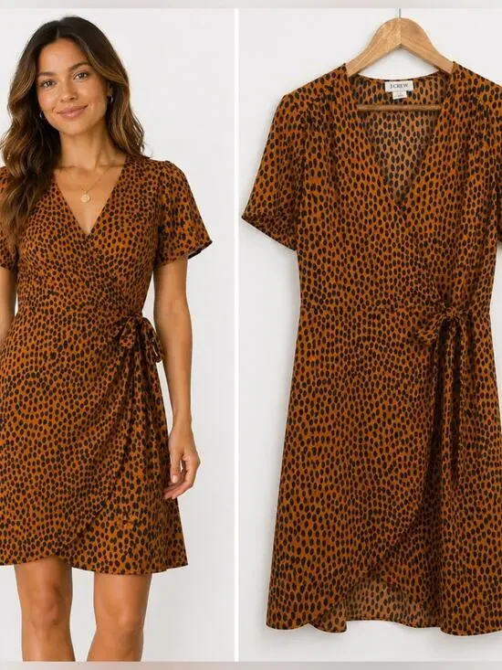 J.Crew Animal Print Wrap Dress Orange Black Cheetah Short Sleeve Size 4 Office