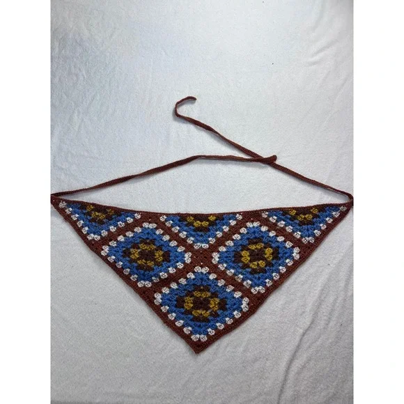 VTG Crochet Granny Square Bandana Brown Blue Boho Hair Kerchief Tie On Festival
