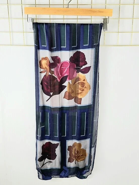 Halston Navy Burgundy Rose Floral Oblong Vintage Silk Scarf