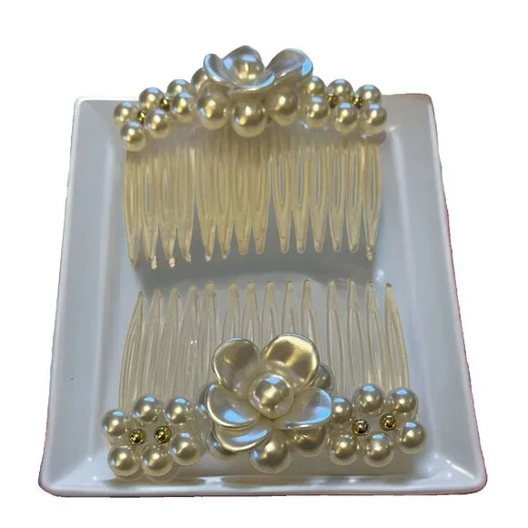 Pair 2 Creamy White Flower Faux Pearl Wedding Bridal Prom Hair Combs NEW