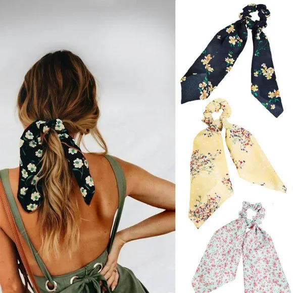 Set-of-3 Bohemian Wildflower Knotted Ribbon Scrunchies