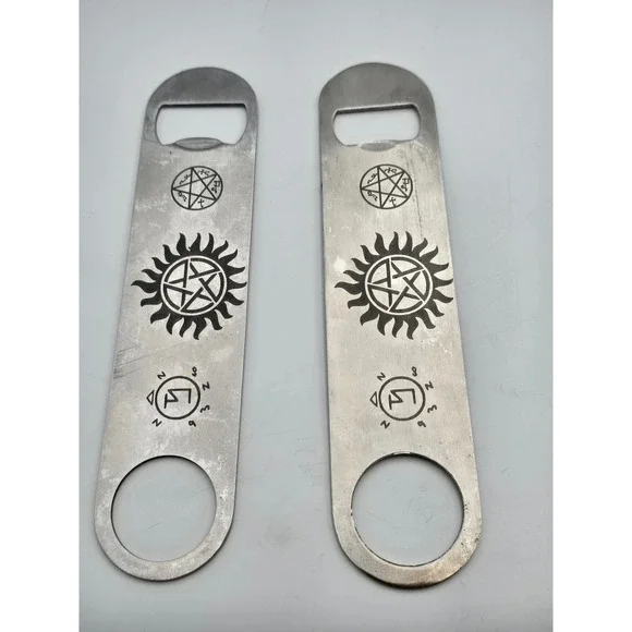 Hip Flask Plus Supernatural Bottle Opener Set 2pc Silver Good Anti-Possession