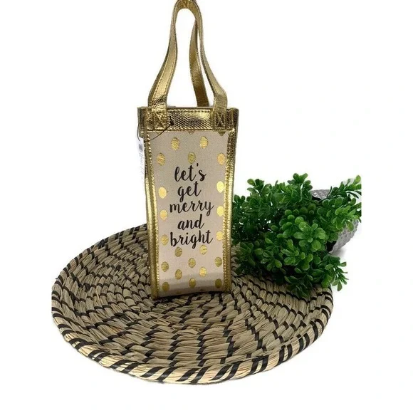 TEVANA Merry and Bright Canvas Wine Tote Bag Gold Polka Dot Holiday Gift Carrier