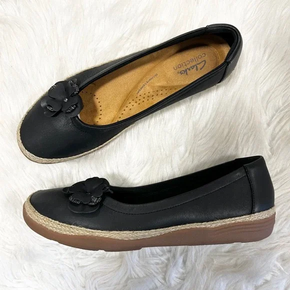Clarks Collection Black Elaina Jade Black Leather Flats Flower Detail Women's 10