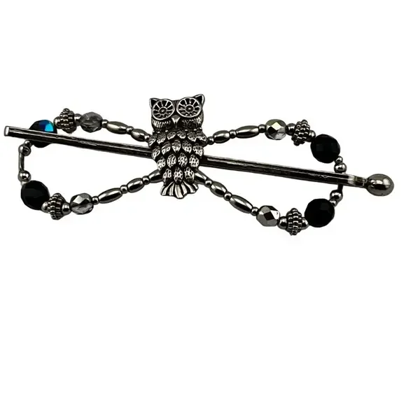 Silver Night Owl Flexi Thick Hair Clip Blue Beaded Accents Large 4” Barrette