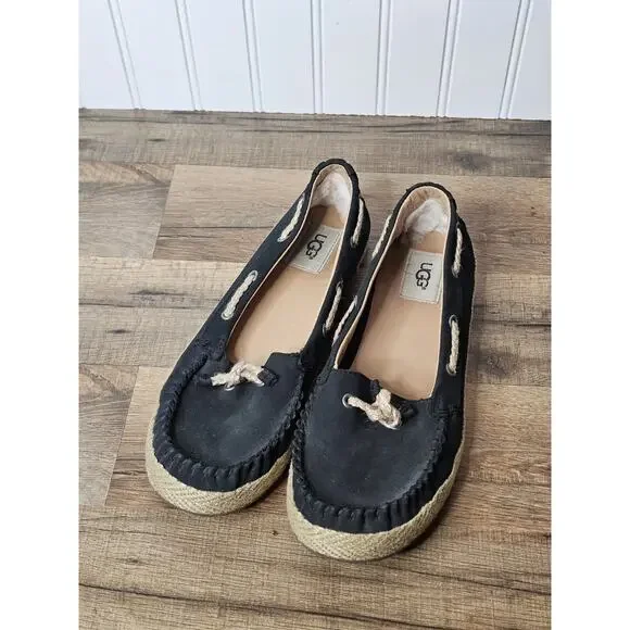 Ugg Australia Women's Black Chivon Leather Moccasin Flat Shoes 8.5 Nautical