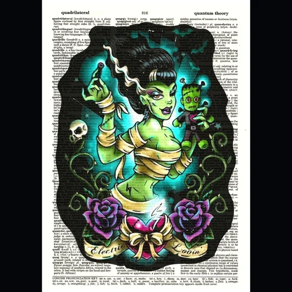 Frankenstein Bride Voodoo Doll Halloween Bright Vintage Dictionary Art Print