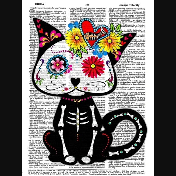 Sugar Skull Kitty Vintage Dictionary Art Print