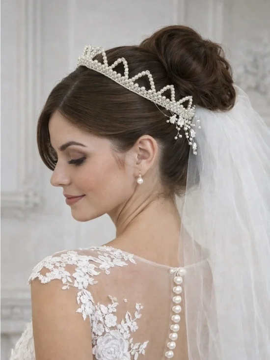 Vintage Pearl Beaded Bridal Headpiece with Veil & Floral Accents