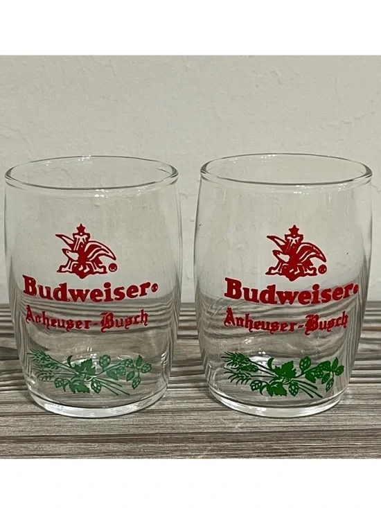 Budweiser Anheuser Busch Barrel Shaped Clear Glasses Set Red Eagle Logo 60s VTG