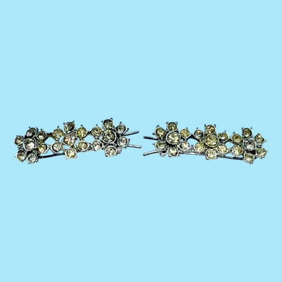 Vintage Rhinestone Flower Floral Silver Barrettes Hair Clips Aurora Borealis