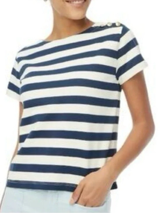 J. Crew Factory Striped Short Sleeve Top Gold Buttons Cotton Navy Blue Size L
