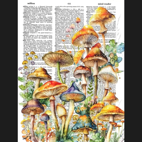 Mushroom Meeting Science Botanical Fairy Vintage Dictionary Art Print