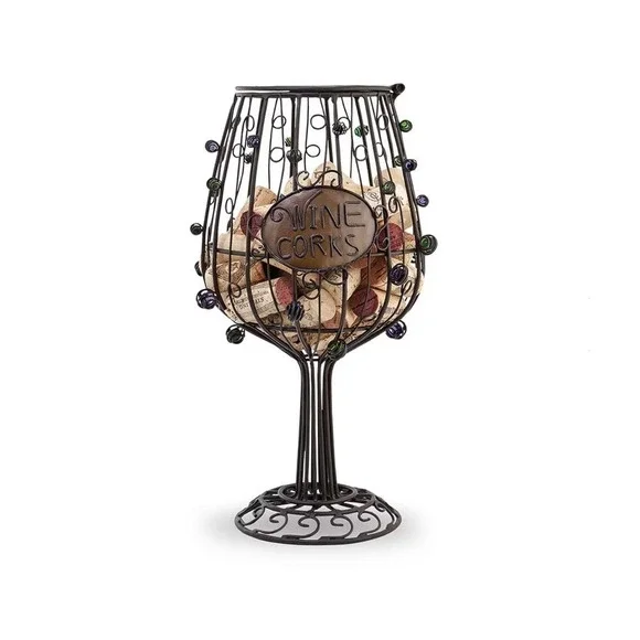 Cork Cage Wine Glass shape Metal Art‎ Sculpture cork holder with Lid Home Decor