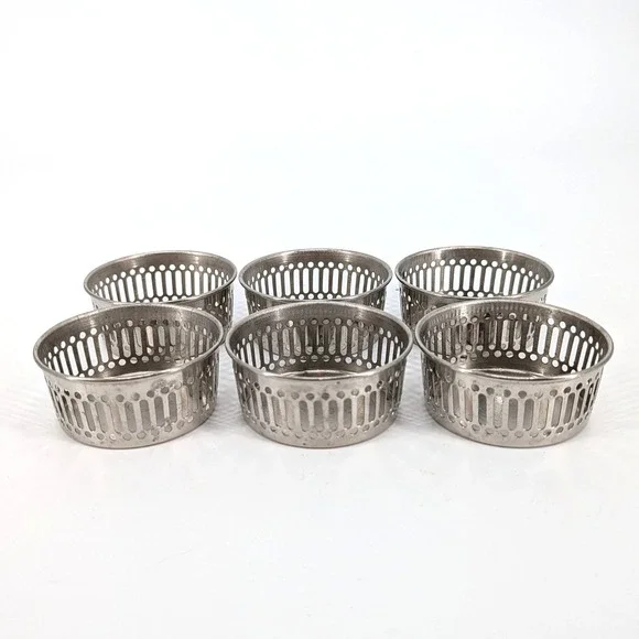 Vintage Silver Tone Metal Pierced Glass Holders Coasters Nuts Set of 6 3 Inch