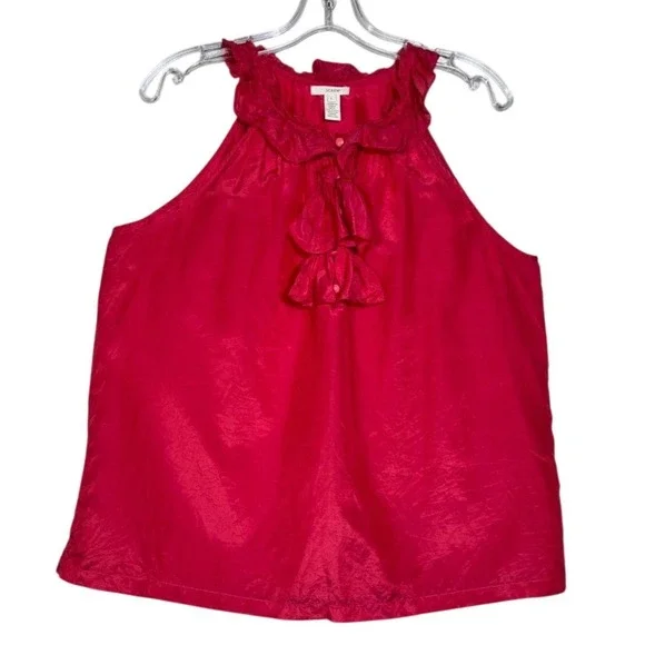 J.Crew Silk Blend Ruffle Neck Sleeveless‎ Blouse Pink Size L Coquette Balletcore