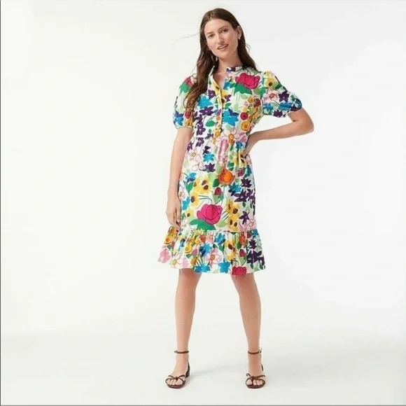 NWT J.Crew Puff-sleeve Dress in Vibrant‎ Garden Print Floral Tiered Shift 4