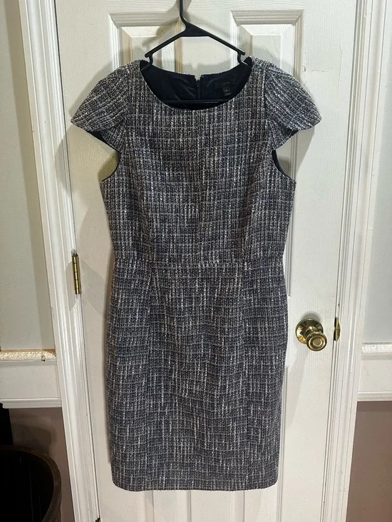 J. Crew Silvermist Blue‎ Tweed Sheath Dress Flutter Sleeve Business Sz 8