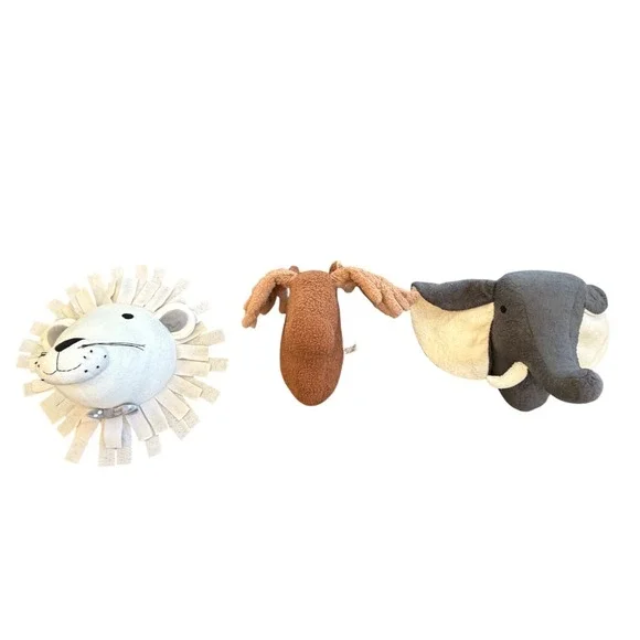 Plush Animal Head Wall Decor Set Lion Moose Elephant Nursery 3pc