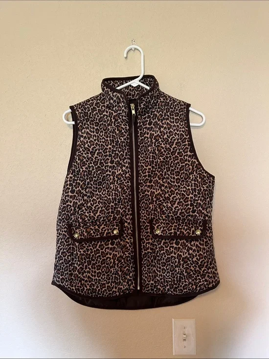 J. Crew Leopard Print Quilted Puffer Vest Small Brown Animal Print Gold Zip