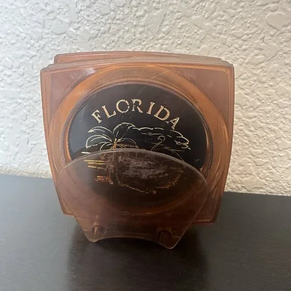 Vintage‎ Amber Plastic Florida Map Souvenir Coasters Made in Hong Kong