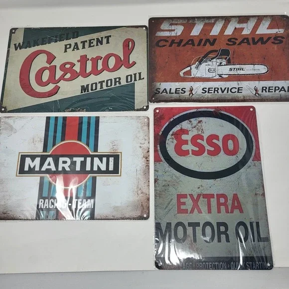Lot Of 4 Mancave Garage Vintage Gas Oil Stihl Retro Look Metal Signage Signs