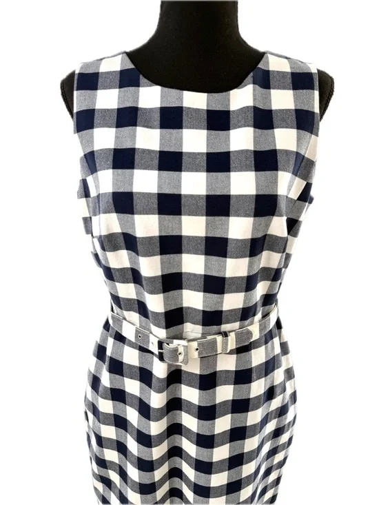 J. Crew Belted Gingham Sheath Dress in Bi-Stretch Cotton Navy and White Size 8