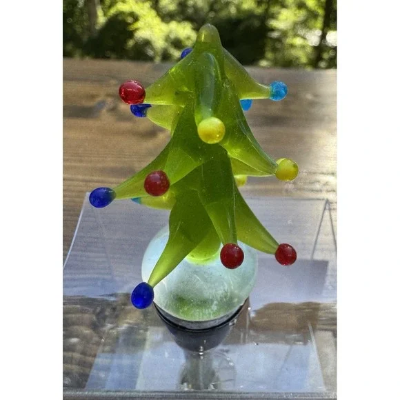 Christmas Tree Wine Bottle Stopper Pier 1 Hand Blown Art Glass Holiday Decor
