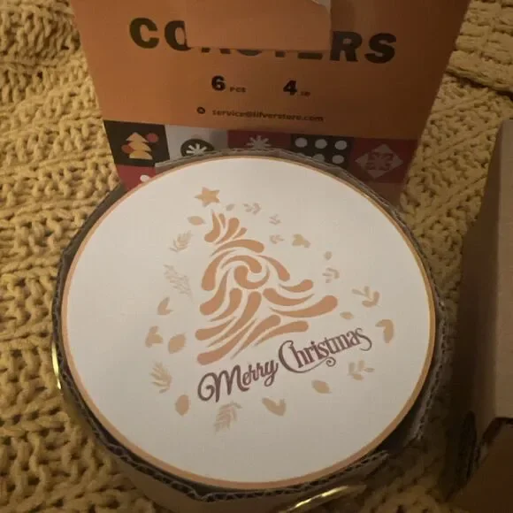 LIFVER Christmas Coasters & Holder , Christmas Tree “Merry Christmas” New