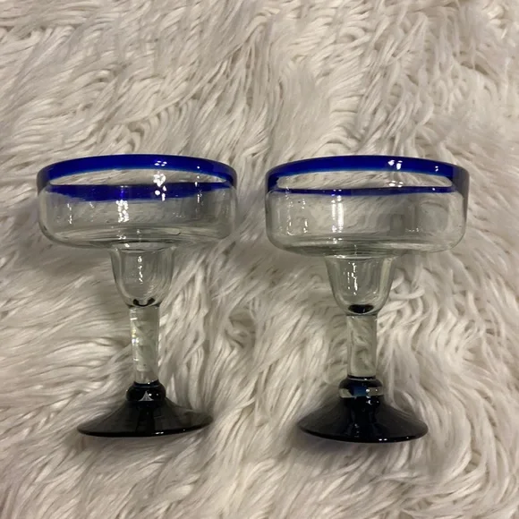 Set Of Two Margarita Glasses Hand Blown Mexican Glass Barware Blue Rim And Base